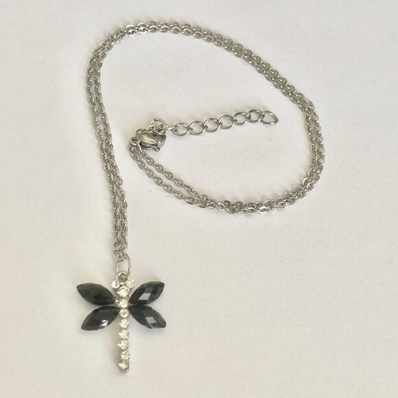 Vintage Dragonfly Necklace Insect Crystal Silver Plated Black Cord Stainless 18" - Picture 9 of 10